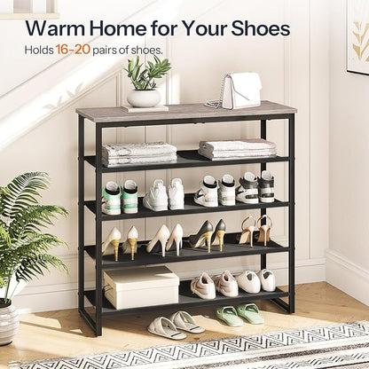 HOOBRO Shoe Rack, 5 Tier Shoe Storage Organizer with 4 Oxford Fabric Shelves and Top Panel, Holds 16-20 Pairs of Shoes, for Entryway and Closet, Industrial, Greige and Black BG50XJ01