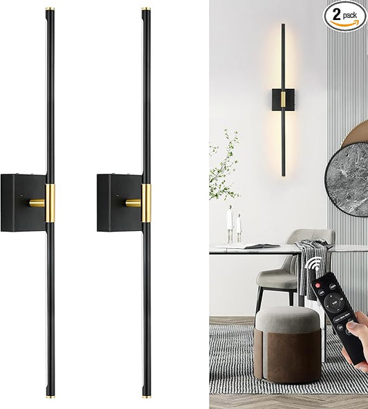 36 Inch Battery Operated Wall Sconces Set of 2, Dimmable Battery Wall Sconce with Remote Control, Black Gold LED Rechargeable Sconces, Modern Wireless Wall Lights for Bedroom, Living Room