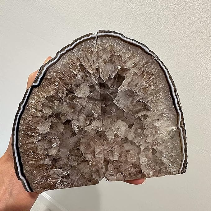 JIC Gem Geode Bookends Large Black Crystal Bookends Decorative Heavy Duty Agate Book Ends for Shelves 1 Pair 4 to 6 LBS with Rubber Bumpers