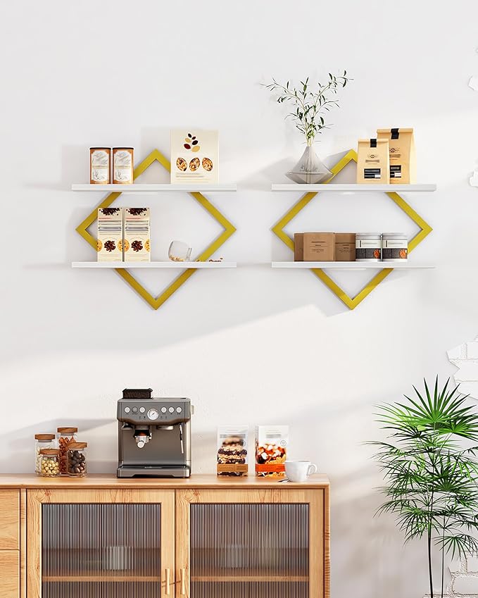 Floating Shelves for Wall, Set of 2 Wall Mounted Shelves, 2-Tier Hanging Shelves, for Living Room, Bedroom, Kitchen, Office, Study, Gold and White TBJ01P2JW