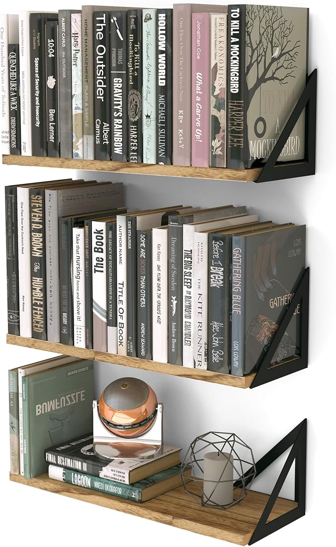 Wallniture Minori Floating Shelves Set of 3, Small Bookshelf Unit for Living Room, Office, and Bedroom, Natural Burned Rustic Wood Wall Decor with Metal Floating Shelf Bracket 6D x 17W x 5.5H in