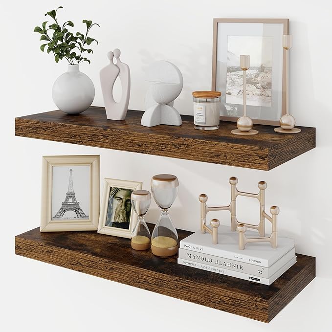 24 Inch Floating Shelves, 9.3" Deep Floating Shelf Wall Mounted, 24" Wall Shelves, Rustic Deep Bookshelf, Large Display Shelves & Storage Shelves for Bedroom, Living Room, Brown, Set of 2