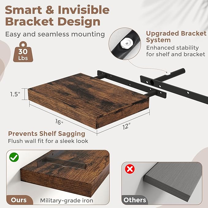 16 Inch Floating Shelves for Wall 2 Pack, 12