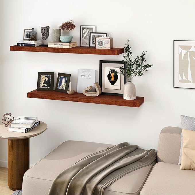RICHFOCUS Floating Shelves for Wall | 48W x 9.3D Rustic Floating Shelves with Solid Ash Wood Veneer Set of 1 | Wood Wall Shelves with Upgraded Brackets | for Living Room Bathroom Home Office