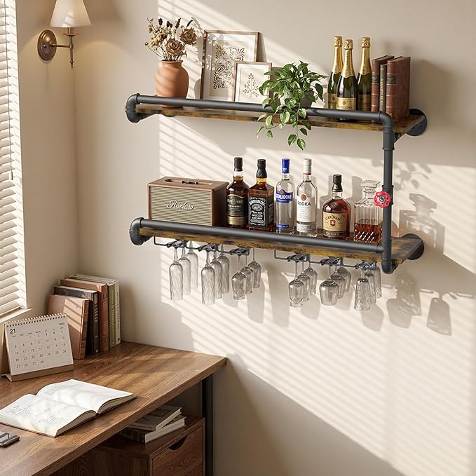 Merapi Industrial Wall Mounted Wine Rack - 2 Tier Floating Bar Shelf with Integrated Dual Glass Holder, Rustic Pipe Design Liquor Storage for Kitchen, Heavy Duty Metal & Wood Construction
