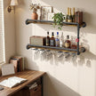 Merapi Industrial Wall Mounted Wine Rack - 2 Tier Floating Bar Shelf with Integrated Dual Glass Holder, Rustic Pipe Design Liquor Storage for Kitchen, Heavy Duty Metal & Wood Construction
