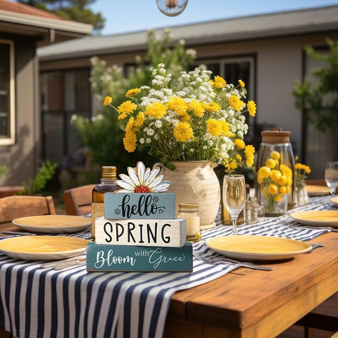 Amyhill Hello Spring Decoration Easter Home Decoration Daisy Table Wooden Sign Spring Easter Centerpiece Pastel Wooden Block for Farmhouse Shelf Office Tabletop Decor
