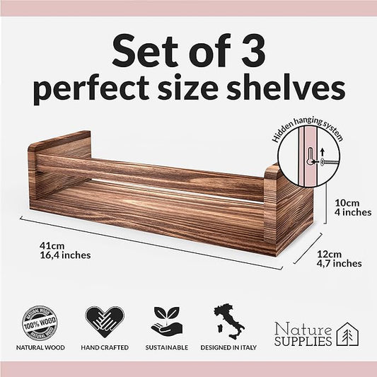 NATURE SUPPLIES Set of 3, 16.4". Nursery Book Shelves, Solid Wood for Books, Toys, Decor, Wall Bookshelf for Kids Bedroom, Floating Shelf, Stylish and Functional Storage Solution, Brown