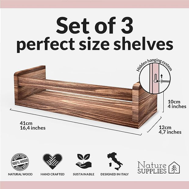 NATURE SUPPLIES Set of 3, 16.4". Nursery Book Shelves, Solid Wood for Books, Toys, Decor, Wall Bookshelf for Kids Bedroom, Floating Shelf, Stylish and Functional Storage Solution, Brown