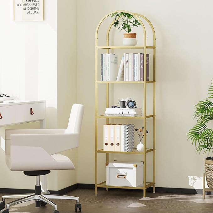 Homhedy Bookshelf Arched Display Racks,Metal Bookcase,Tempered Glass Shelves,Storage Rack Shelf for Home Office,Living Room,Bedroom, Bathroom,Modern Style (Golden, 11.8