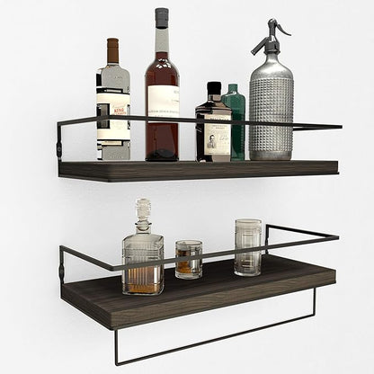 ZGO Floating Shelves for Wall Set of 2, Wall Mounted Storage Shelves with Metal Frame and Towel Rack for Bathroom, Kitchen, Bedroom