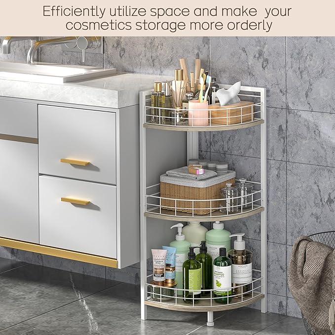 Bathroom Standing Shelf, 3 Tier Free-Standing Shelf Units, Open Floor Shelves, Triangular Curved Corner Shelf Stand for Small Space, Ideal for Bathroom,Kitchen,Vanity Storage and Organizer