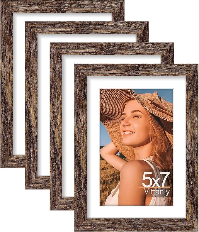 Vittanly 5x7 Picture Frames Set of 4, Display Pictures 4x6 with Mat or 5x7 without Mat, Photo Frames for Wall or Tabletop Display, Engineered Wood with Shatter Resistant Plexiglass, Rustic Brown