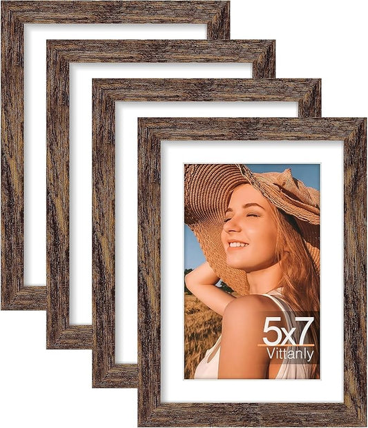 Vittanly 5x7 Picture Frames Set of 4, Display Pictures 4x6 with Mat or 5x7 without Mat, Photo Frames for Wall or Tabletop Display, Engineered Wood with Shatter Resistant Plexiglass, Rustic Brown