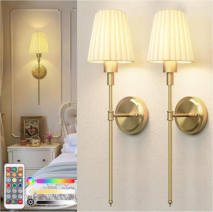 DORESshop Battery Operated Wall Sconce Set of 2, 10 Color Wireless Wall Light Easy to Install, Sconce Wall Decor Set of 2 for Bedroom, Living Room, Pleated Fabric Shade, Gold, 24.6in