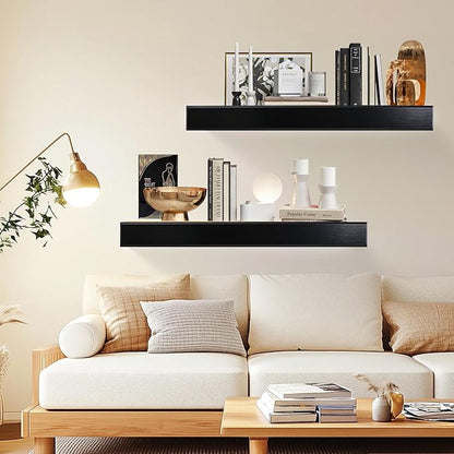 32 Inch Picture Ledge Shelf with Lip,Floating Shelves for Wall, Set of 2 Solid Pine Wood Shelves with Invisible Brackets, Wall Storage for Living Room, Bedroom, Kitchen, Bathroom(Black)