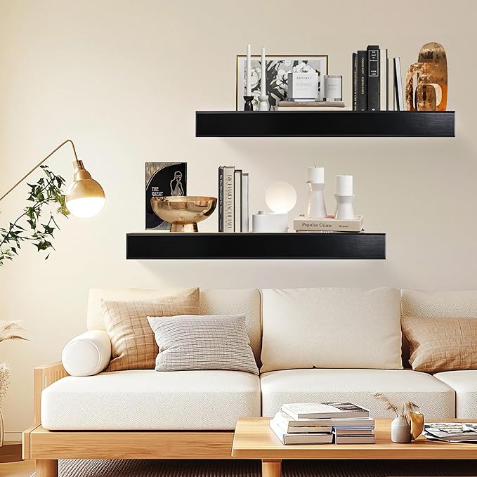 32 Inch Picture Ledge Shelf with Lip,Floating Shelves for Wall, Set of 2 Solid Pine Wood Shelves with Invisible Brackets, Wall Storage for Living Room, Bedroom, Kitchen, Bathroom(Black)