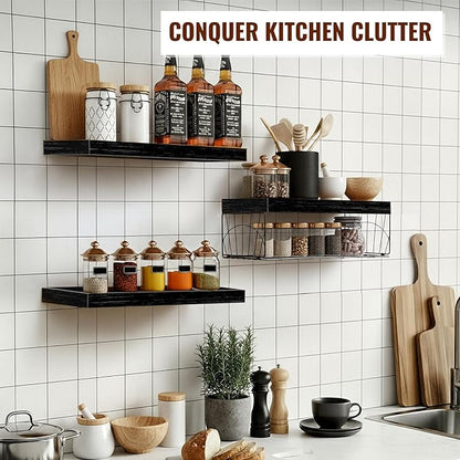 3 Pack Bathroom Shelves 24 inches Long Over Toilet, Wall Mounted Rustic Wood Floating Shelves for Bathroom, Toilet Paper Storage, Small Farmhouse Decor Hanging Shelf for Living Room, Kitchen, Black