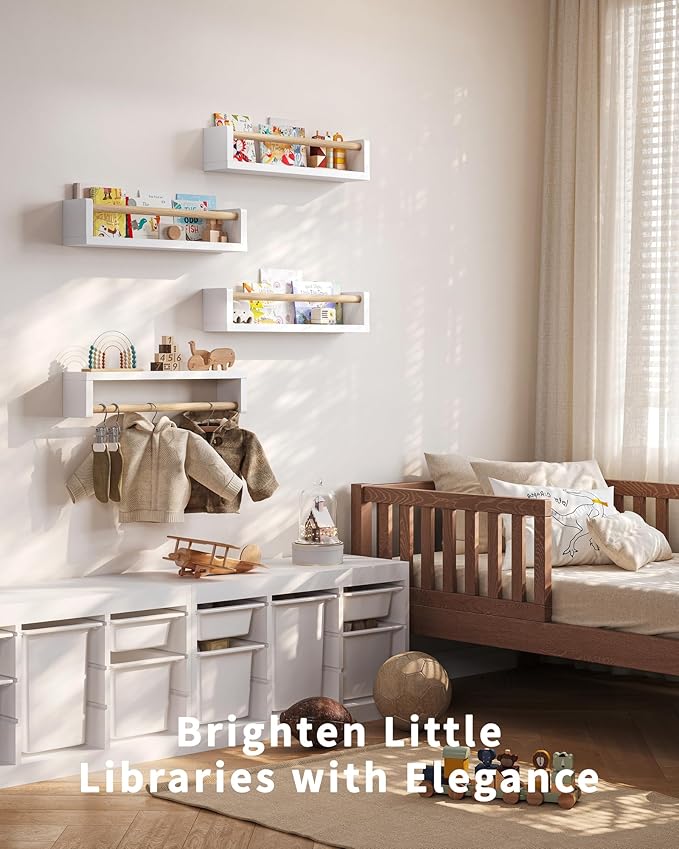 Nursery Book Shelves, 4 Pack, Wall Book Shelves for Kids Room, Baby, Toddler, Nursery Decor (White Wood, 16.6 Inches)