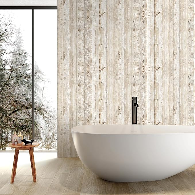 Decoroom Wood Wallpaper Peel and Stick, Shiplap Self Adhesive Contact Paper for Cabinets and Drawers, Removable Wood Grain Wall Paper Easy to Clean 17.7"×394"