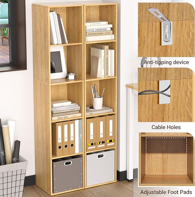 5 Cube Storage Organizer, 5 Tier Cube Low Bookcase Freestanding Storage Display Organizer, Five-Cubes Open Shelf Bookshelf for Home Office (Oak, 5-Cube)