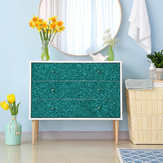 CHIHUT Teal Blue Glitter Wallpaper Stick and Peel for Bedroom Walls 15.7''x236'' Removable Teal Sparkle Wallpaper Decorative Shiny Glitter Contact Paper Self Adhesive Fabric Roll for Drawer Dresser