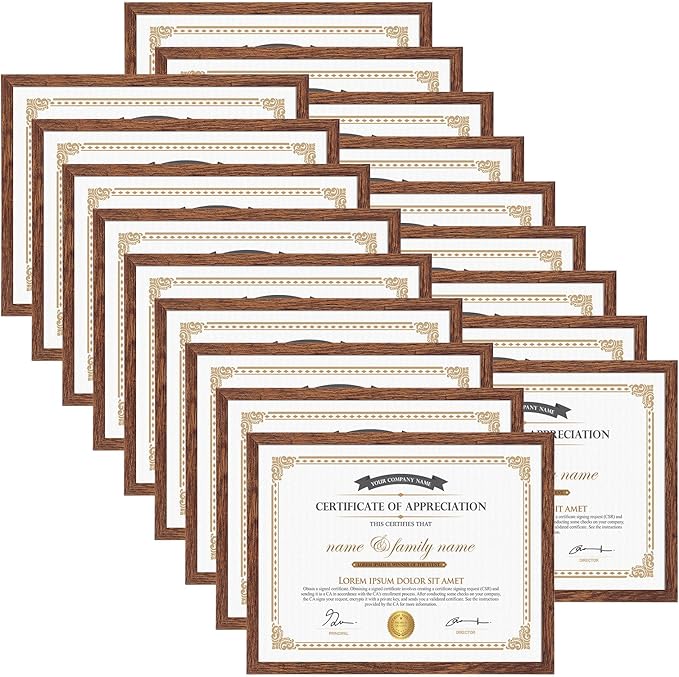 Hoikwo 18 Packs 8.5x11 Dark Brown Multi Plastic Picture Frames Set with Plastic Cover, Certificate Frames for Document Diploma Award, Light Weight Bulk 8.5 by 11 Frames Pack for Wall Hanging and Table