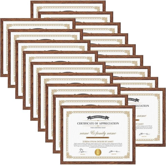 Hoikwo 18 Packs 8.5x11 Dark Brown Multi Plastic Picture Frames Set with Plastic Cover, Certificate Frames for Document Diploma Award, Light Weight Bulk 8.5 by 11 Frames Pack for Wall Hanging and Table