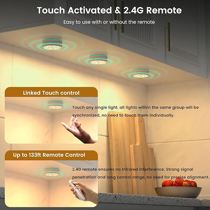 Onumii Rechargeable Under Cabinet Lighting Puck Lights with 2.4G Remote 2600mAh Sync and Groupable Color Changing Magnetic Stick on Tap Lights for Cabinet, Shelves, Display Case (6Pack White)