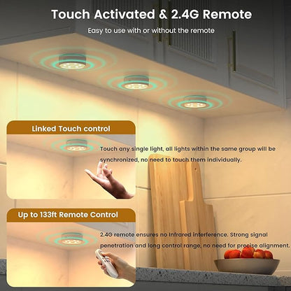 Onumii Rechargeable Under Cabinet Lighting Puck Lights with 2.4G Remote 2600mAh Sync and Groupable Color Changing Magnetic Stick on Tap Lights for Cabinet, Shelves, Display Case (6Pack White)