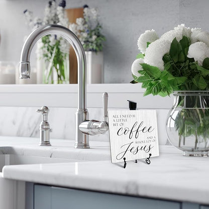 Christian Coffee Sign Desk Decor, Jesus Sign With Iron Stand, Religious Wood Plaque For Farmhouse Home Kitchen Coffee Station Cafe, Bible Verse Desk Shelf Decor -54