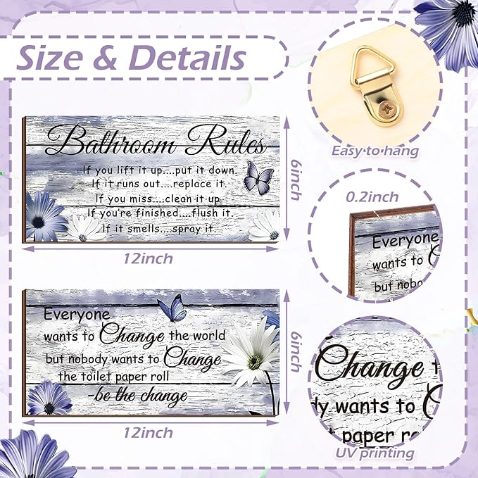 Jetec 2 Pieces Funny Bathroom Signs Bathroom Wall Decor Toilet Wall Accessories Farmhouse Toilet Rustic Wooden Signs, 12x6 Inch(Purple Daisy Style)
