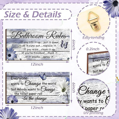 Jetec 2 Pieces Funny Bathroom Signs Bathroom Wall Decor Toilet Wall Accessories Farmhouse Toilet Rustic Wooden Signs, 12x6 Inch(Purple Daisy Style)