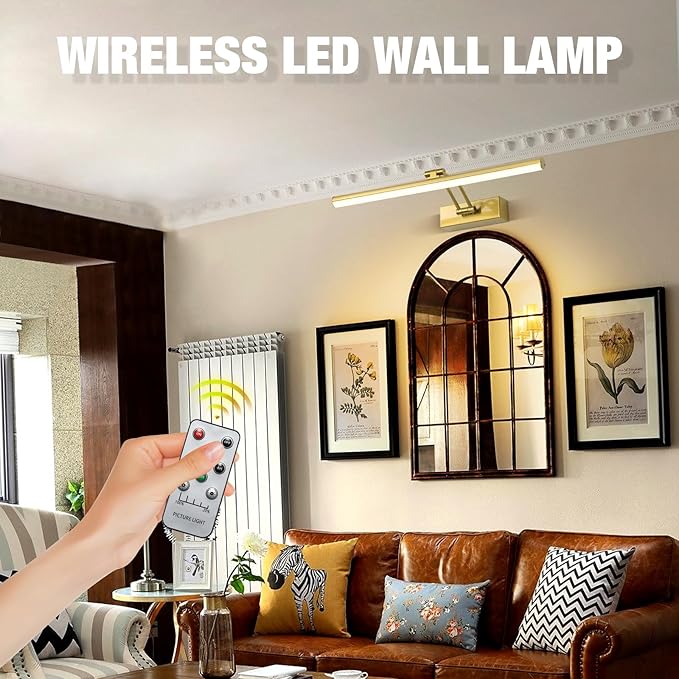 Picture Light,5200mAh Battery Picture Light with Remote, 16inches Metal Frame Light for Paintings, Rechargeable Display Wall Lamp for Gallery Portrait Artwork (Brass)