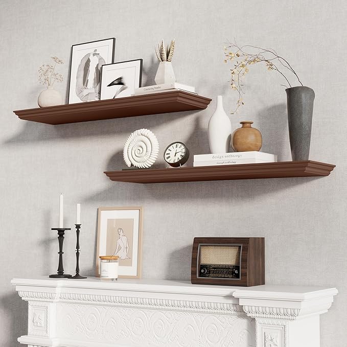 Fun Memories Floating Shelves 36 Inch Long, 9.3 Inch Deep Classic Crown Molding Floating Shelves for Wall, Rustic Wooden Shelves for Wall Decor Bathroom, Kitchen, Office, (Walnut, 2Pack)