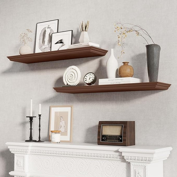 Fun Memories Floating Shelves 36 Inch Long, 9.3 Inch Deep Classic Crown Molding Floating Shelves for Wall, Rustic Wooden Shelves for Wall Decor Bathroom, Kitchen, Office, (Walnut, 2Pack)