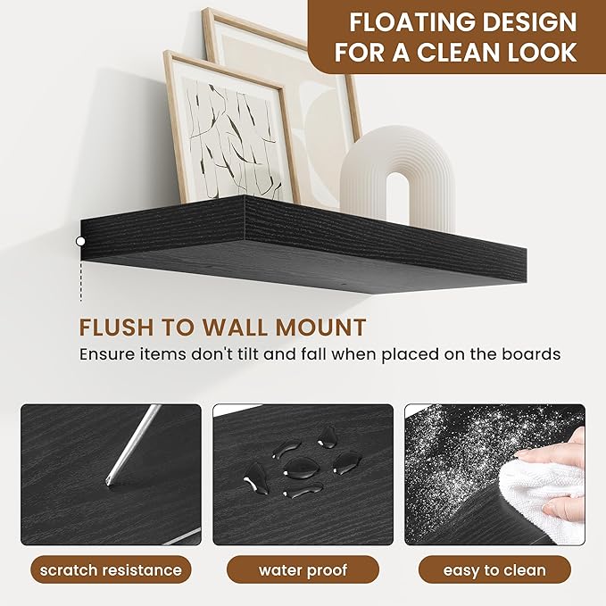 fuqing Floating Shelves for Wall, Wall Mounted Wood Floating Shelf with Invisible Brackets for Living Room, Bathroom, Bedroom, Kitchen Storage and Decor, 16 Inch Set of 2, Black