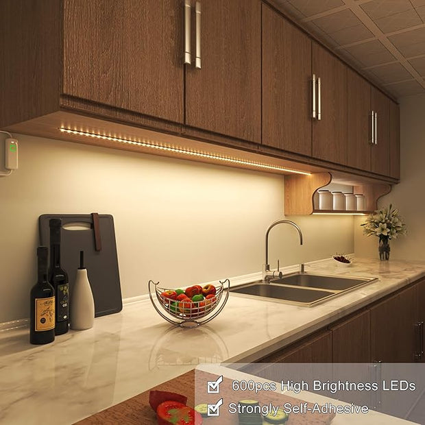 MYPLUS Under Cabinet Lighting Kit, 32.8 Ft Dimmable Led Strip Lights with 600 LEDs,12V, Low Power Safety Adapter, Flexible Tape Light for Kitchen Cabinet,Bedroom,Counter,Shelf (Warm White-3000k)