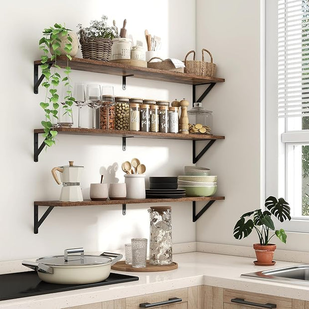 Axeman 40 Inch Floating Shelves | 8 Inch Deep Brown Wall Shelves Set of 2 | 39.4" W x 8" D Rustic Brown Wood Shelves for Bathroom Kitchen Living Room