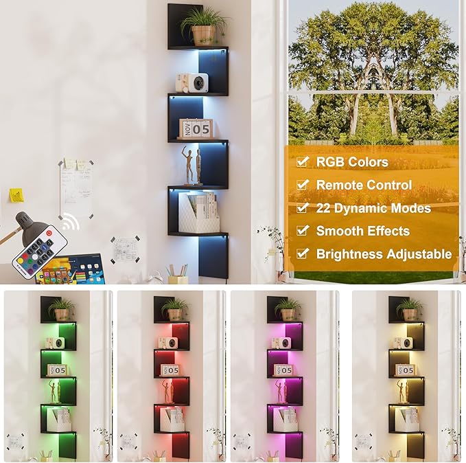 Corner Shelf Wall Mount with LED Light, 5 Tier Floating Corner Bookshelf, Plant Shelf for Bedroom, Floating Shelves for Wall, Display Stand for Living Room, Bathroom, Home Office, Black
