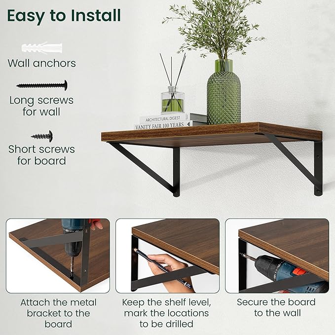 Floating Shelves, 12 Inch Deep Rustic Wood Wall Storage, 24W x 12D Wall Shelves Set of 2, Heavy Duty Metal Brackets, Large Industrial Book Shelf for Living Room, Kitchen, Bedroom, Walnut