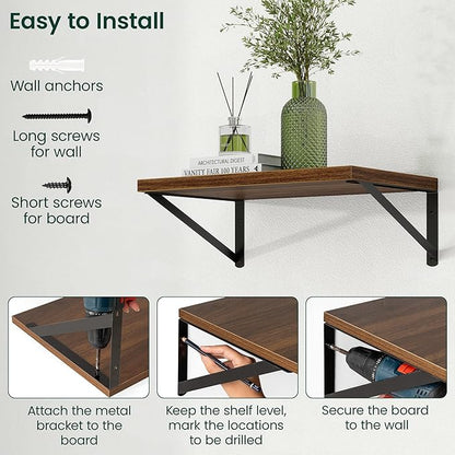 Floating Shelves, 12 Inch Deep Rustic Wood Wall Storage, 36W x 12D Wall Shelves Set of 2, Heavy Duty Metal Brackets, Large Industrial Book Shelf for Living Room, Kitchen, Bedroom, Walnut