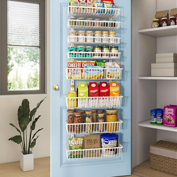 Over The Door Pantry Organizer, Pantry Organization and Storage, 8-Tier Deep Baskets Hanging Heavy-Duty Metal, Wall Spice Rack Seasoning Shelves for Home & Kitchen, Laundry Room Bathroom, White
