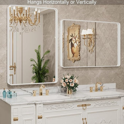 LOAAO 48x30 Inch White Metal Framed Bathroom Mirror for Wall, White Bathroom Vanity Mirror Farmhouse, Large Rounded Rectangle Mirror, Anti-Rust, Tempered Glass, Hangs Horizontally or Vertically