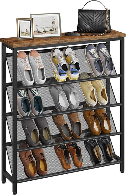 Shoe Rack, 5-Tier Slanted Shoe Storage Shelf, Narrow Shoe Rack for Entryway, Shoe Organizer with Adjustable Feet, Slim Shoe Shelf with Wooden Top and Metal Frame Rustic Brown and Black TXJ02BF