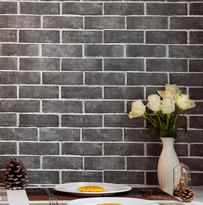 HeloHo 17.7" X 118" Grey Brick Wallpaper Peel and Stick Self-Adhesive Removable 3D Textured Wall Paper for Kitchen Backsplash Living Room Bedroom Decor