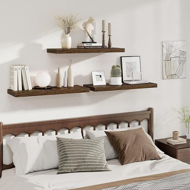 Fun Memories Deep Floating Shelves, 32W x 12D Rustic Brown Wall Shelves, 32 Long Rustic Wood Wide Storage Shelves for Bedroom, Kitchen, Farmhouse, Laundry Room, Bedroom, Kitchen, Home Office- Set of 3
