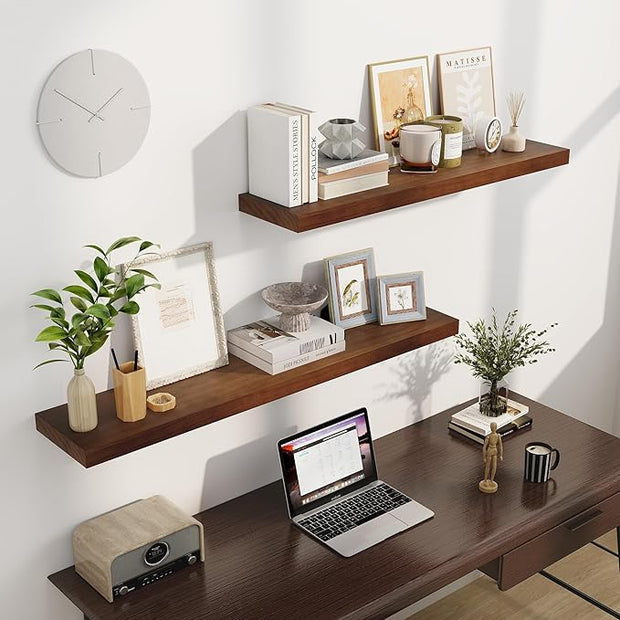 Fun Memories Floating Shelves, 9.3 Inch Deep Solid Pine Wood Wall Shelves for Storage, Rustic Wall Mounted Display Shelf with Invisible Heavy-Duty Metal Bracket, 55 Inch Width, Walnut