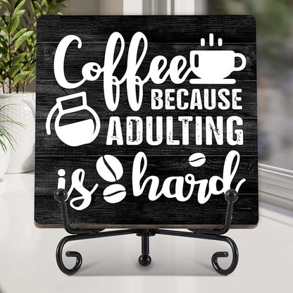 Coffee Bar Decor, Farmhouse Kitchen Table Decor, Coffee Station Accessories, Wooden Decorative Sign with Iron Stand for Table Desk Shelf Display-E16