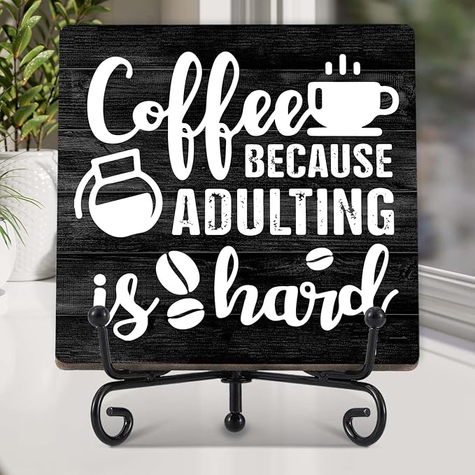 Coffee Bar Decor, Farmhouse Kitchen Table Decor, Coffee Station Accessories, Wooden Decorative Sign with Iron Stand for Table Desk Shelf Display-E16
